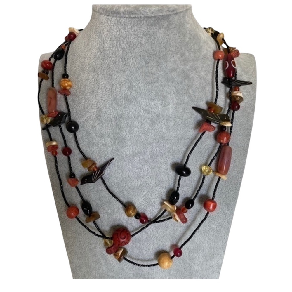 Artisan Black Boho Tribal Nature Folk Art Beaded Bird Layered Necklace NEW